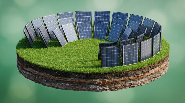 Circular Solar Panel Farm on Floating Land Platform Representing Renewable Energy Innovation