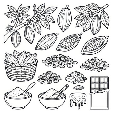 Cocoa beans pods chocolate and powder illustration