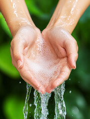 Fototapeta premium Adult hands cupping fresh water with soap suds, clear water streaming from fingers against a vibrant green nature background