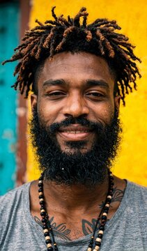 Smiling Black Man with Dreadlocks Against Vibrant Yellow Background Portrait