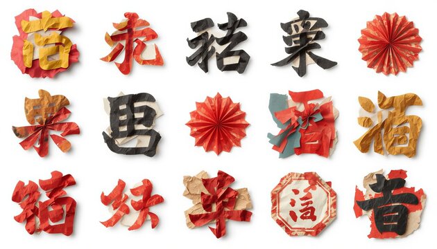 Abstract Chinese calligraphy art crafted from crumpled paper on isolated white background.