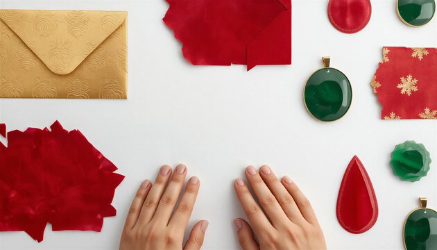 Hands preparing to make Chinese New Year paper craft, festive red frame background layout on white.