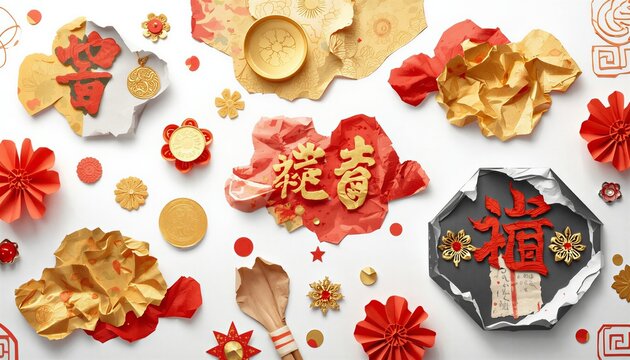 Chinese New Year background with traditional paper cut characters and ornaments.