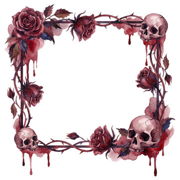 Watercolor gothic skull and red rose square frame with thorny vines and dripping blood, romantic horror Halloween border with copy space on paper texture, isolated illustration