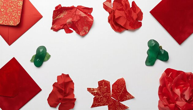 Chinese New Year paper collage abstract background, red and green paper scraps on white.
