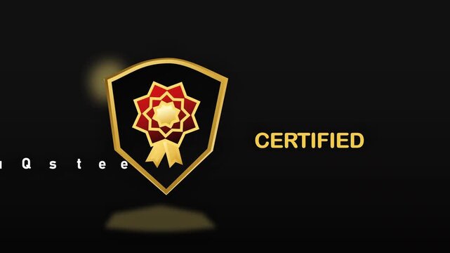 Golden Certified Shield Animation with Lock and Quality Standards Ribbon on Black Background