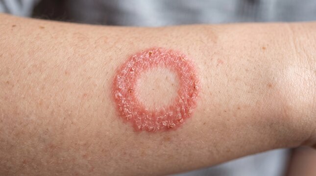 Close-up of a red, circular rash on human skin, likely a fungal infection like ringworm.