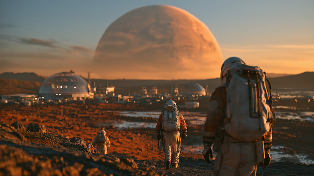 Astronauts walking on Martian surface near illuminated biodome colony habitats under massive planet rise