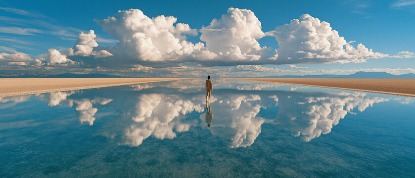 Lone man standing on mirror-like salt flat reflecting blue sky and massive clouds 