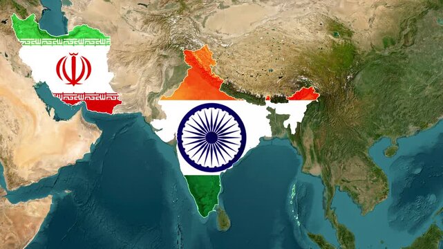 Iran and India national flags mapped over satellite earth imagery creating dynamic motion video footage for geopolitical news broadcast animation