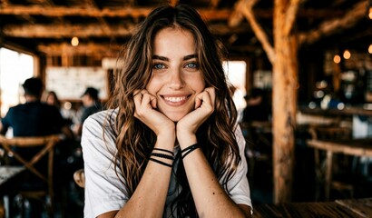 Fototapeta premium Smiling Young Woman with Long Brown Hair in Rustic Barn Interior