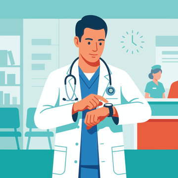 Doctor Checking Smartwatch in Clinic Waiting Room, Medical Professionalism and Healthcare Technology Concept