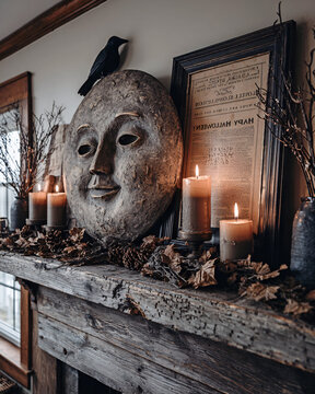 Intriguing Halloween mantel decor featuring moon face, crow, and candles for autumn holiday ambiance