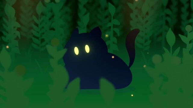 cartoon style illustration cat silhouette in the forest, with particle ambient, perfect for music vibe background loop animation