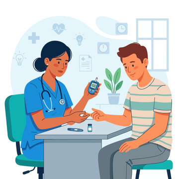 Doctor checks patient's blood sugar with glucose meter in medical check-up illustration