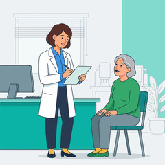 Fototapeta premium Doctor consulting elderly patient in a clinic, modern flat illustration style, medical care and health concept