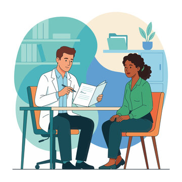 Doctor consulting a patient in a modern clinic setting, flat illustration style