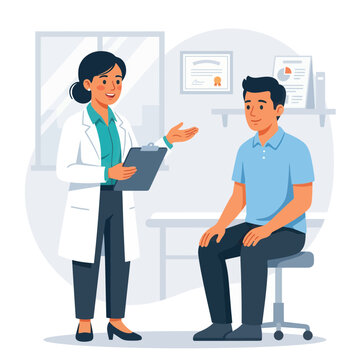 Doctor consulting a patient in a modern clinic, vector illustration of healthcare and medical examination