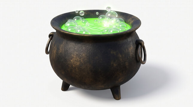Green Magic Potion Bubbling in a Dark Witch's Cauldron Isolated on White Background