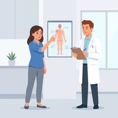 Fototapeta premium Doctor consulting patient about pain relief with anatomical chart, healthcare and medical consultation concept