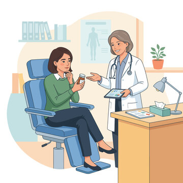 Doctor consulting patient about medication in a modern clinic examination room, flat vector illustration
