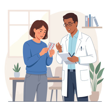Doctor consulting patient about medication, medical advice, healthcare consultation, pharmacy, prescription drugs
