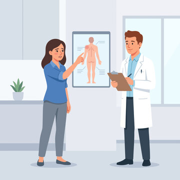 Doctor consulting patient about pain relief with anatomical chart, healthcare and medical consultation concept