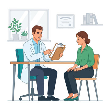 Doctor Consulting Patient at Desk in Medical Office, Discussing Health Information