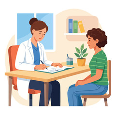 Fototapeta premium Doctor consulting patient in office, woman in white coat writes on clipboard, flat illustration style, healthcare concept