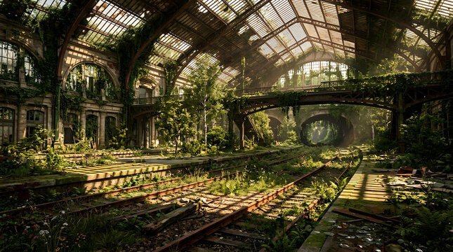Abandoned railway station reclaimed by nature with overgrown vegetation and sunlight shining through a broken glass roof