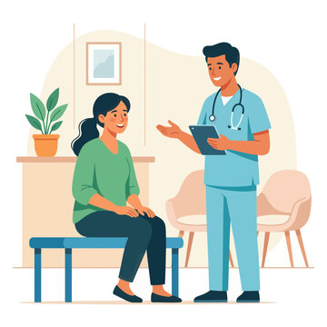 Doctor consulting patient in a clinic, modern flat vector illustration with friendly healthcare professionals.