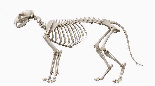 Feline skeleton in side profile isolated on a white background, showing the skull, spine, ribs, limbs, and tail for anatomical study