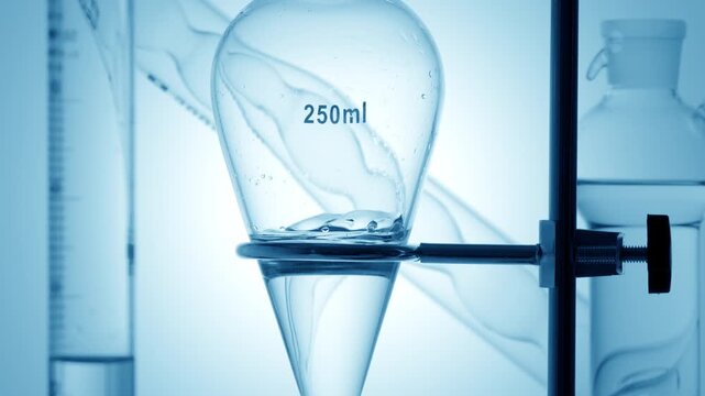 Chemistry setup with ball absorber, graduated cylinder, bulb condenser, separatory funnel as glossy clear fluid is injected, producing waves inside over soft blue ramp bg