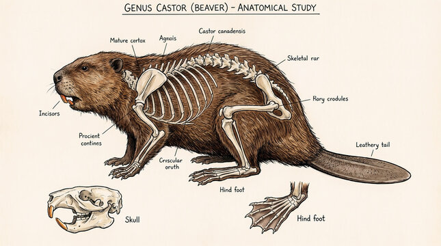North American beaver in side profile isolated on a white background, showcasing its brown fur, broad tail, and distinctive body shape