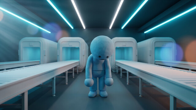 コンベアと保管ポッドが並ぶ青い光の自動化冷蔵倉庫で、俯いて落ち込むクレイ人形の3D画像