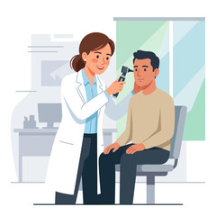Fototapeta premium Doctor examining patient's ear with otoscope in a clinic, healthcare concept, flat illustration