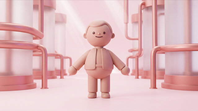 ローズゴールドのパイプとシリンダーが並ぶ美容液調合ラボで、リラックスして微笑むクレイ人形の3D画像