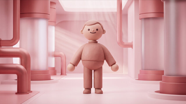 ローズゴールドのパイプとシリンダーが並ぶ美容液調合ラボで、リラックスして微笑むクレイ人形の3D画像