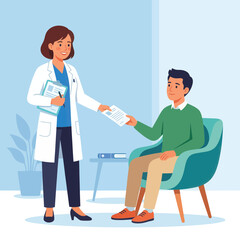 Fototapeta premium Doctor Giving Medical Document to Patient in Clinic Waiting Room - Vector Illustration
