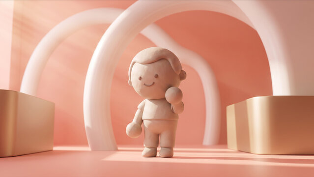 シャンパンゴールドと白いアーチが美しい高級スキンケアサロンで、思い悩み俯くクレイ人形の3D画像