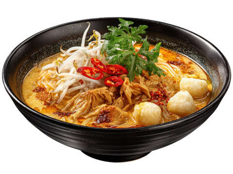 A bowl of delicious laksa noodle soup with chili and bean sprouts, perfect for a satisfying meal.