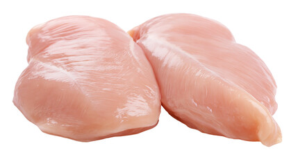 Two raw boneless skinless chicken breasts pale pink moist, with visible muscle fibers © Cressida