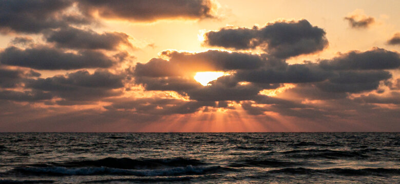 The extraordinary  beauty of a panoramic sunset over Mediterranean Sea from the city of Ako in northern Israel