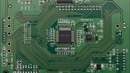 Fototapeta premium Close-up view of a complex green printed circuit board with intricate pathways and electronic components.