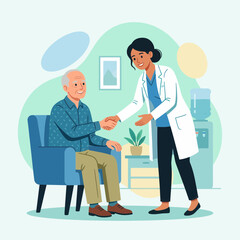 Fototapeta premium Doctor shaking hands with elderly patient in a clinic or hospital setting, vector illustration of healthcare and kindness.
