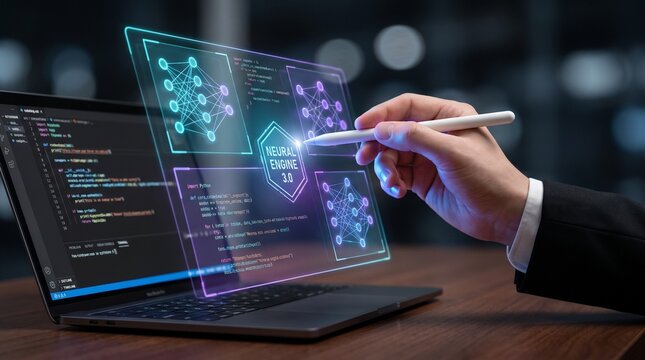 artificial intelligence development and machine learning concept showing programmer using laptop with neural network diagrams, source code, and interactive digital model interface

