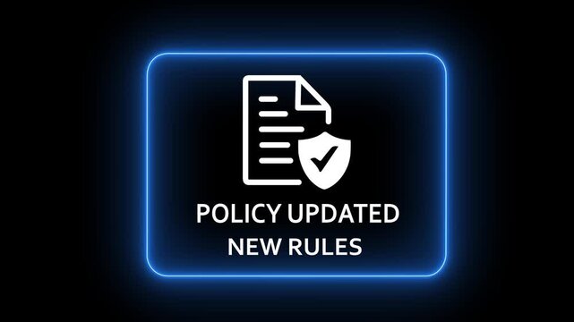 Policy updated concept on the black background. New rules implementation, governance management, and digital documentation process. Updated of new policy.4K motion graphics animation video.