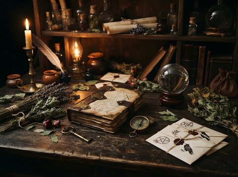 Mysterious grimoire lies closed on an old desk beside a glowing candle, a compass, and sealed parchment envelopes.