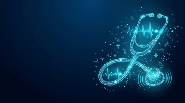 Stethoscope medical diagnostic tool represented as glowing digital network nodes and data lines on dark blue technical background with stethoscope, healthcare