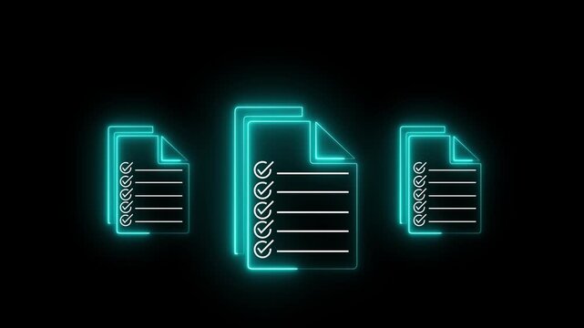 Glowing neon online document checklist icon with multiple files on a transparent background, digital document management, business workflow and task completion motion graphic animation.